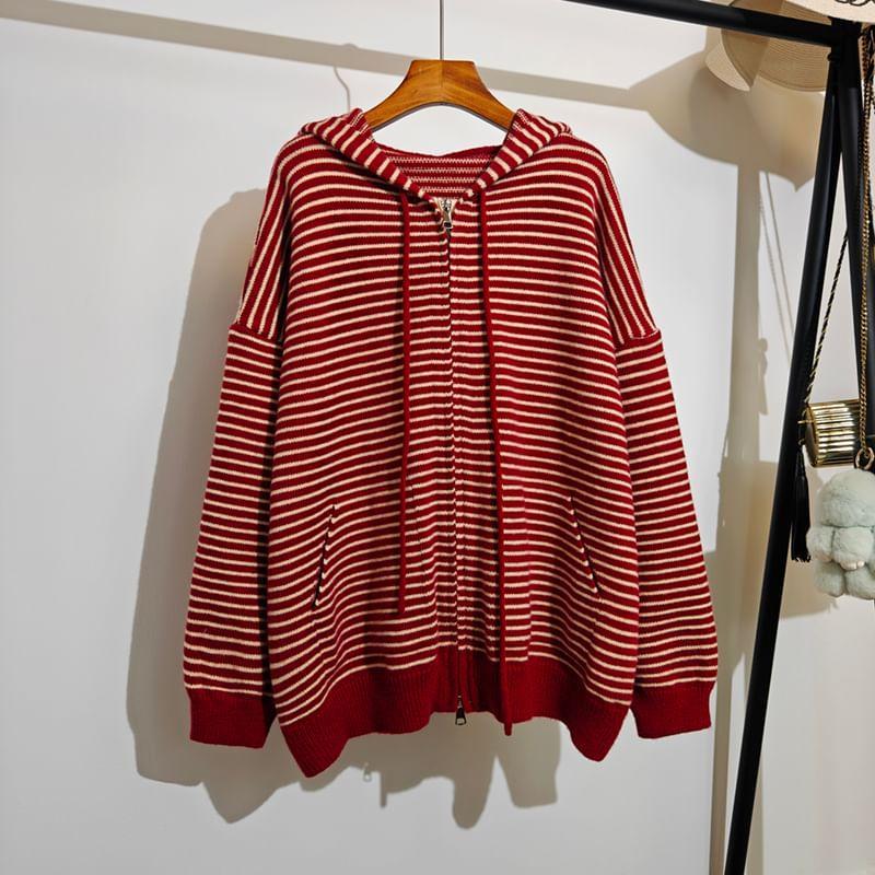 Drop Shoulder Hooded Striped Zip Up Cardigan Product Image