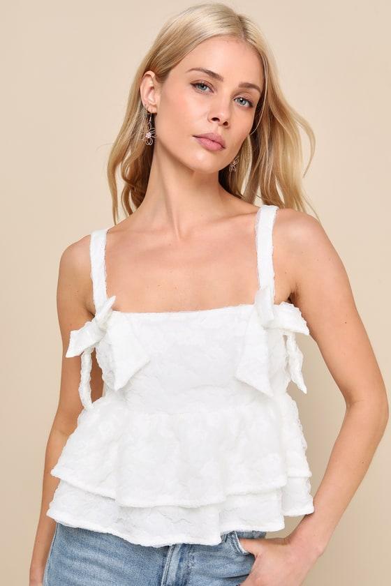 Luxe Charisma White Textured Tiered Cropped Sleeveless Bow Top Product Image