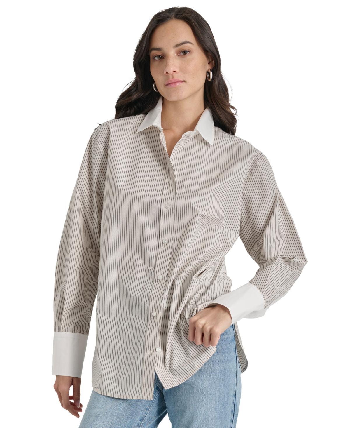 Dkny Jeans Womens Cotton Contrast-Trim Button-Front Shirt - VANILLA BEAN product image