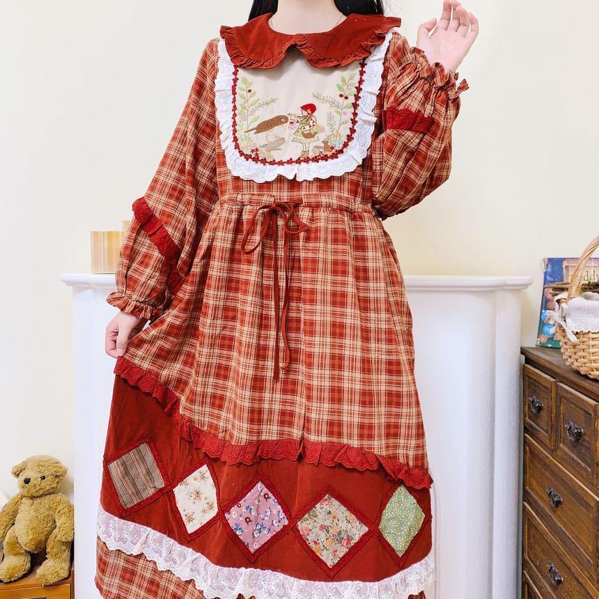 Long-Sleeve Collar Plaid Embroidered Patchwork Midi A-Line Dress Product Image