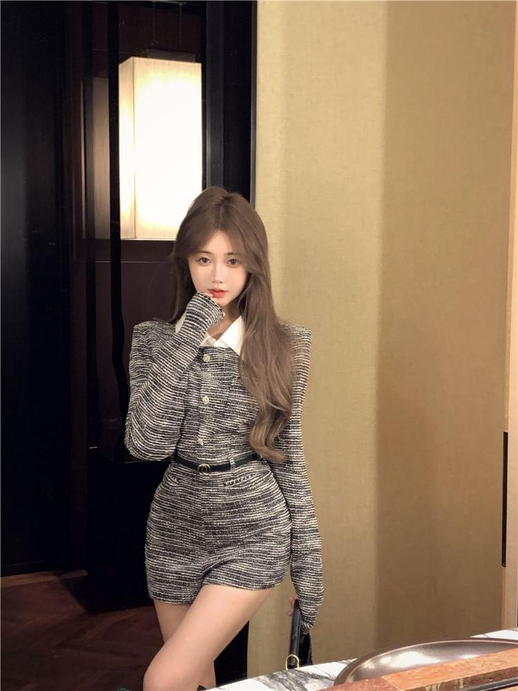 Long Sleeve Lapel Collar Button Up Tweed Playsuit with Belt Product Image