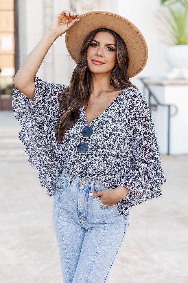 Holding On To Forever Black And Ivory Floral Short Sleeve Bodysuit FINAL SALE Product Image