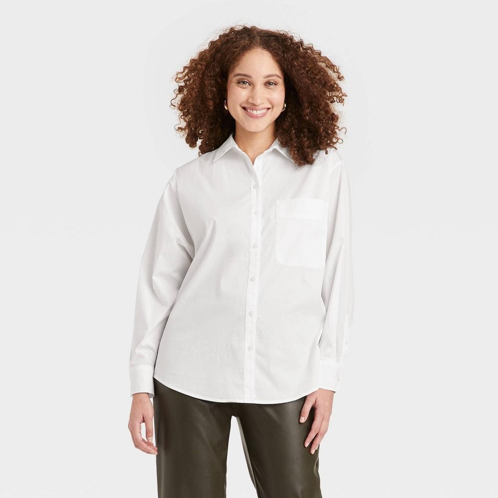 Womens Long Sleeve Oversized Button-Down Boyfriend Shirt - A New Day White L Product Image