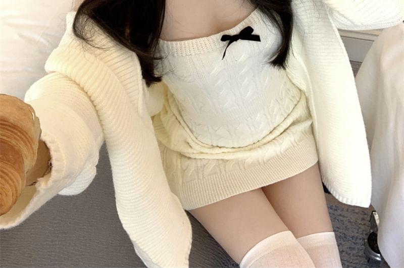 Spaghetti Strap Scoop Neck Plain Bow Accent Cable Knit Mini Bodycon Dress / Open Front Cardigan Product Image