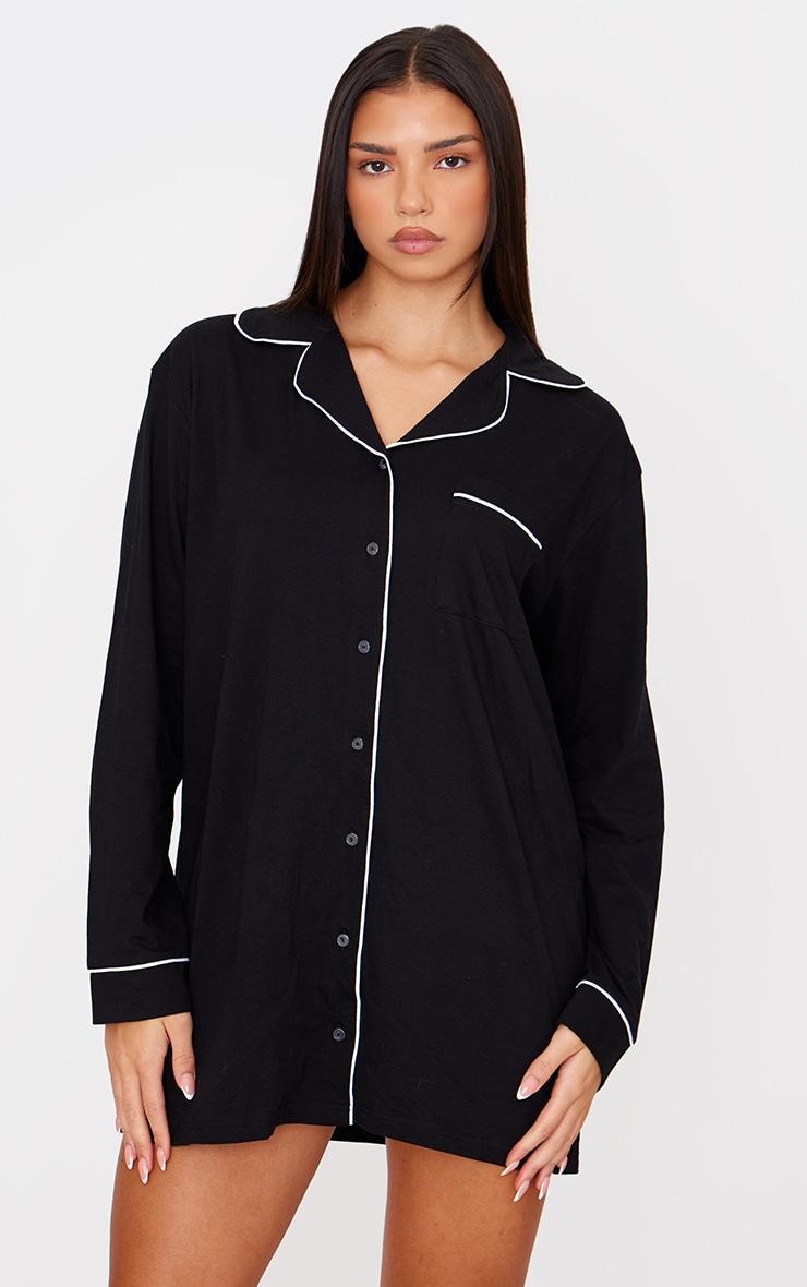 Black Jersey Piping Detail Long Sleeve Nightdress Product Image