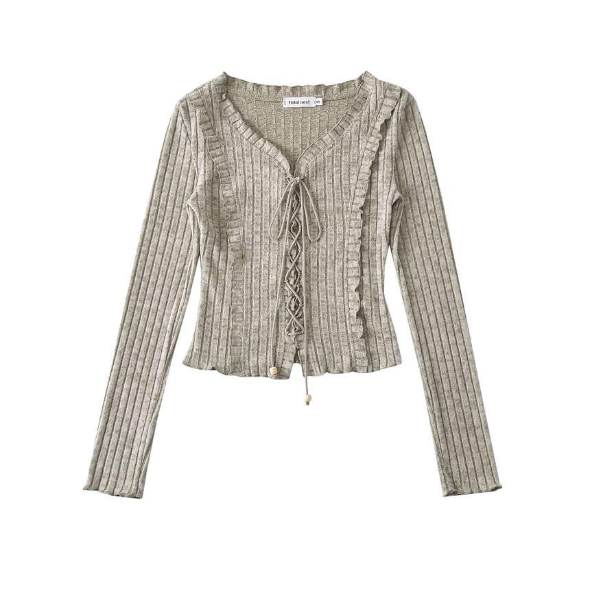 Long-Sleeve V-Neck Melange Lace-Up Ribbed Knit Top Product Image