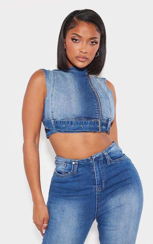 Shape Light Blue Denim Cropped Zip Detail Sleeveless Jacket Product Image