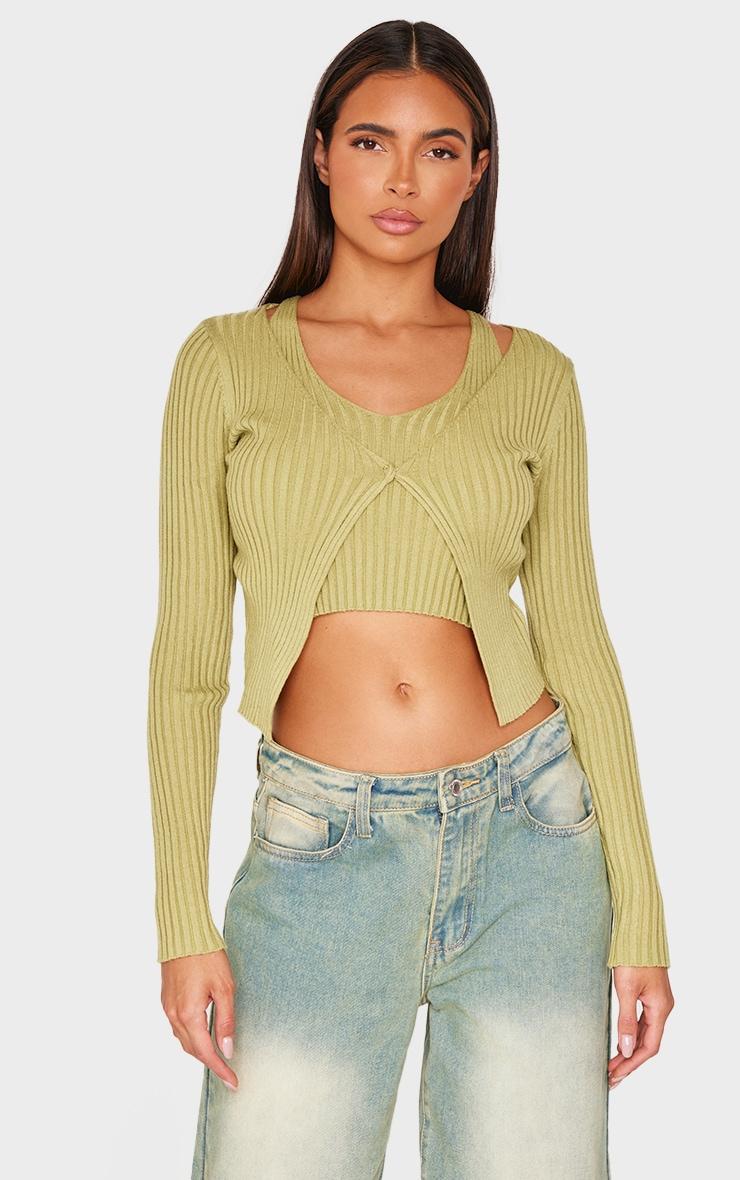 Olive Knit Double Layer Top Product Image