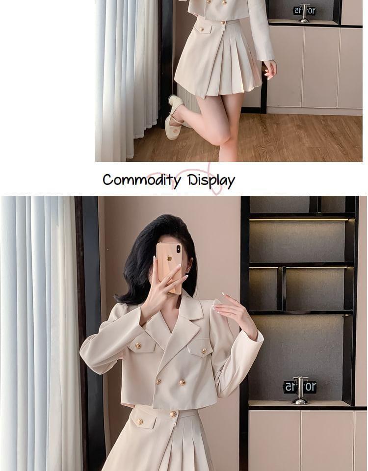 Set: Notch Lapel Plain Double Breasted Blazer + High Rise Pleated Mini A-Line Skirt Product Image