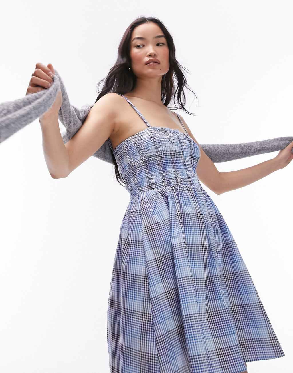 Topshop seersucker check shirred mini dress in blue check Product Image