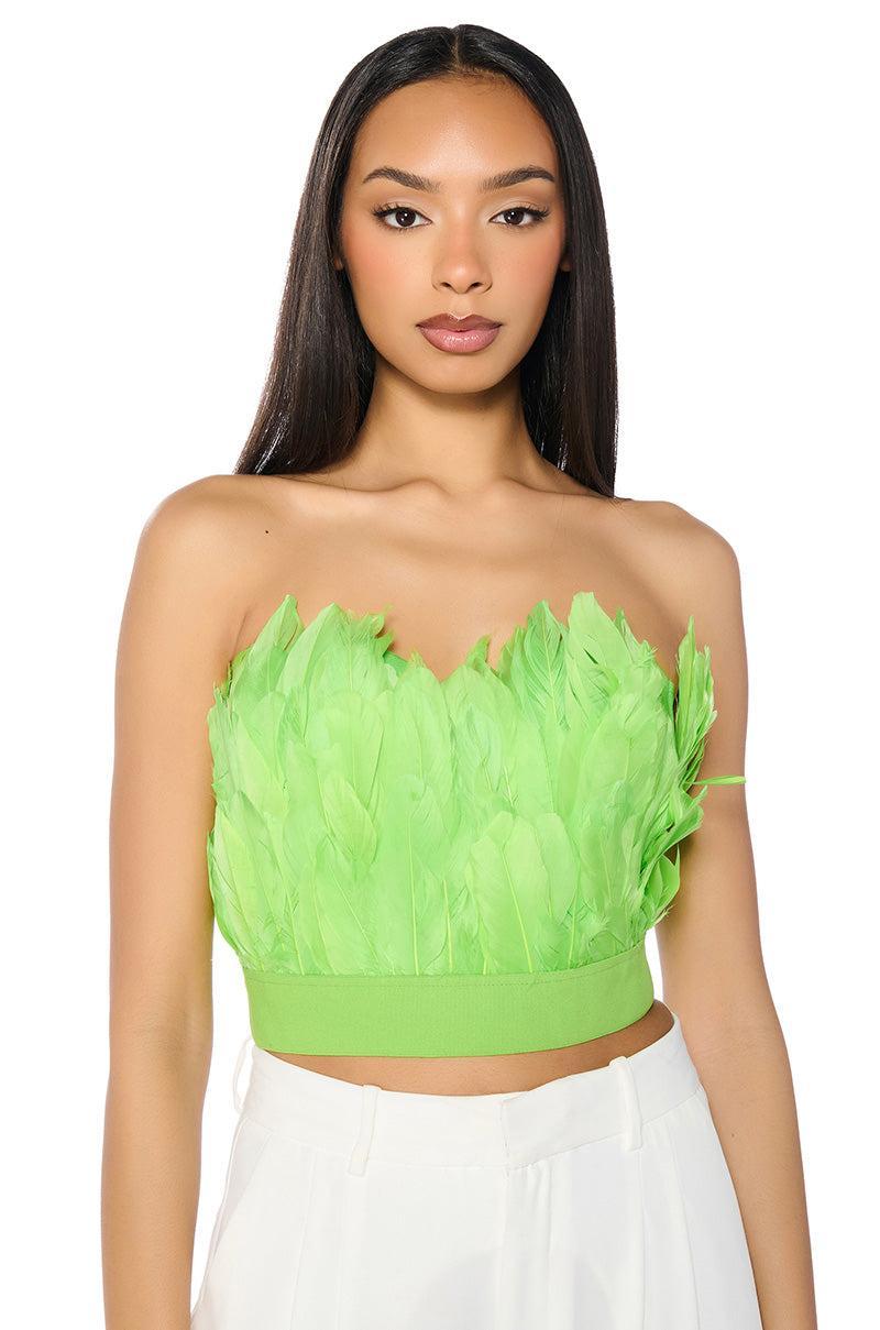 FLY AWAY FEATHER TUBE TOP IN NEON GREEN Product Image