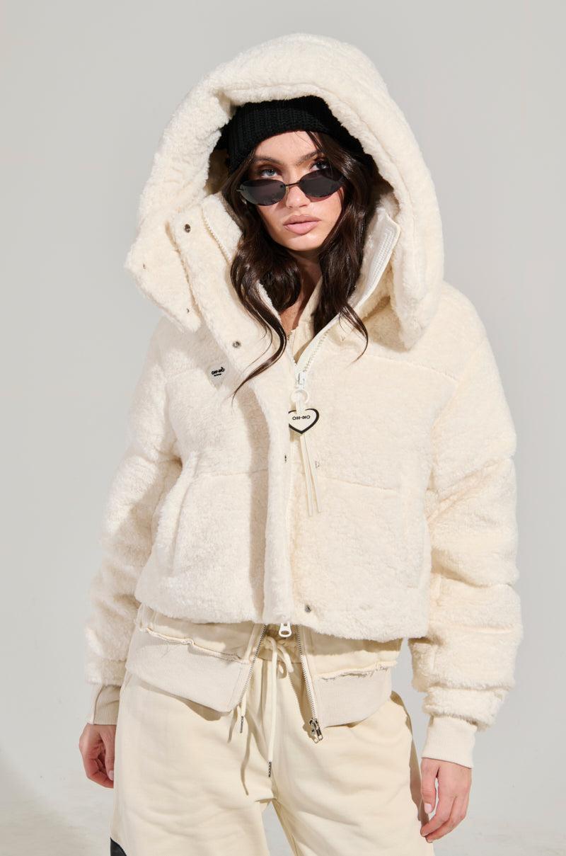 MARDIE FUZZY BEIGE HOODED PUFFER Product Image