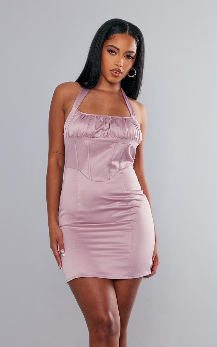 Mauve Satin Boning Detail Halter Tie Bodycon Dress product image