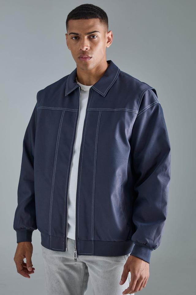 Oversized Pu Panel Detail Bomber In Navy | boohooMAN USA Product Image