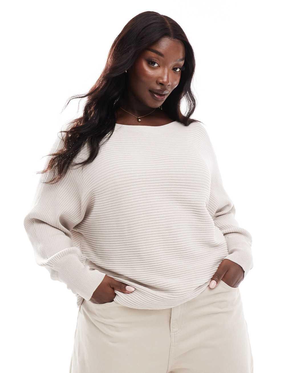 ONLY Curve cuffed sleeves knitted sweater in beige Product Image