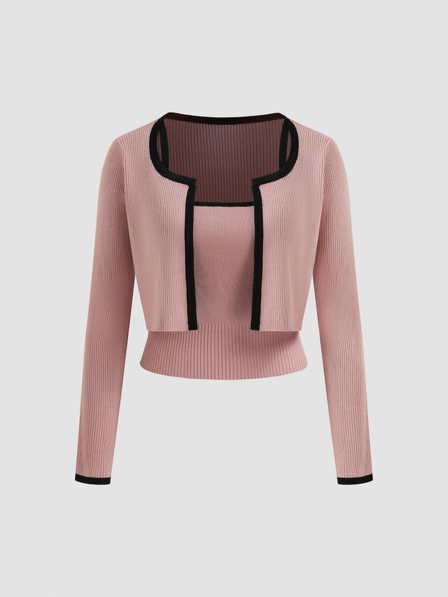 Knitted Round Neckline Solid Contrasting Binding Long Sleeve Top With Crop Cami Top Product Image