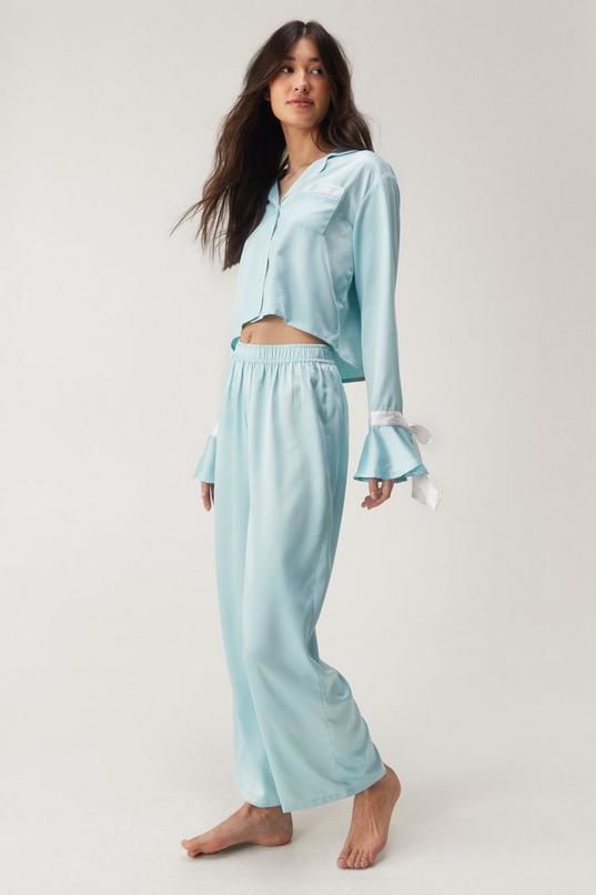 Satin Contrast Piping Tie Sleeve Pyjama Trousers Set Product Image