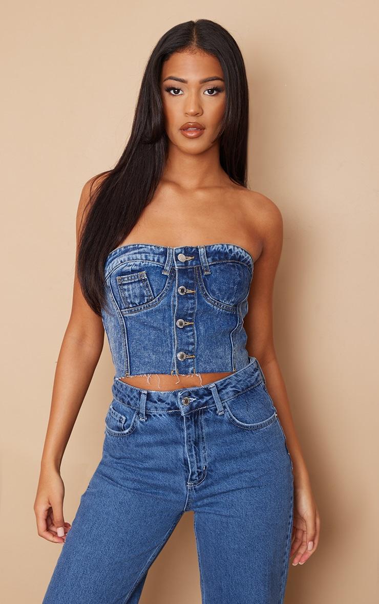 Tall Mid Blue Acid Wash Denim Button Up Corset Top product image