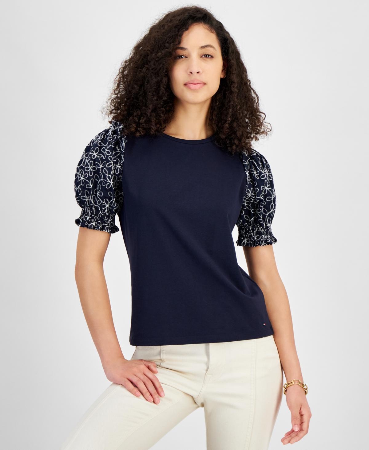 Tommy Hilfiger Womens Round-Neck Contrast-Sleeve Top Product Image