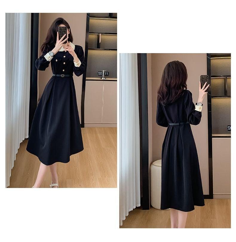 Long-Sleeve Contrast Collar Button-Up Midi A-Line Dress Product Image