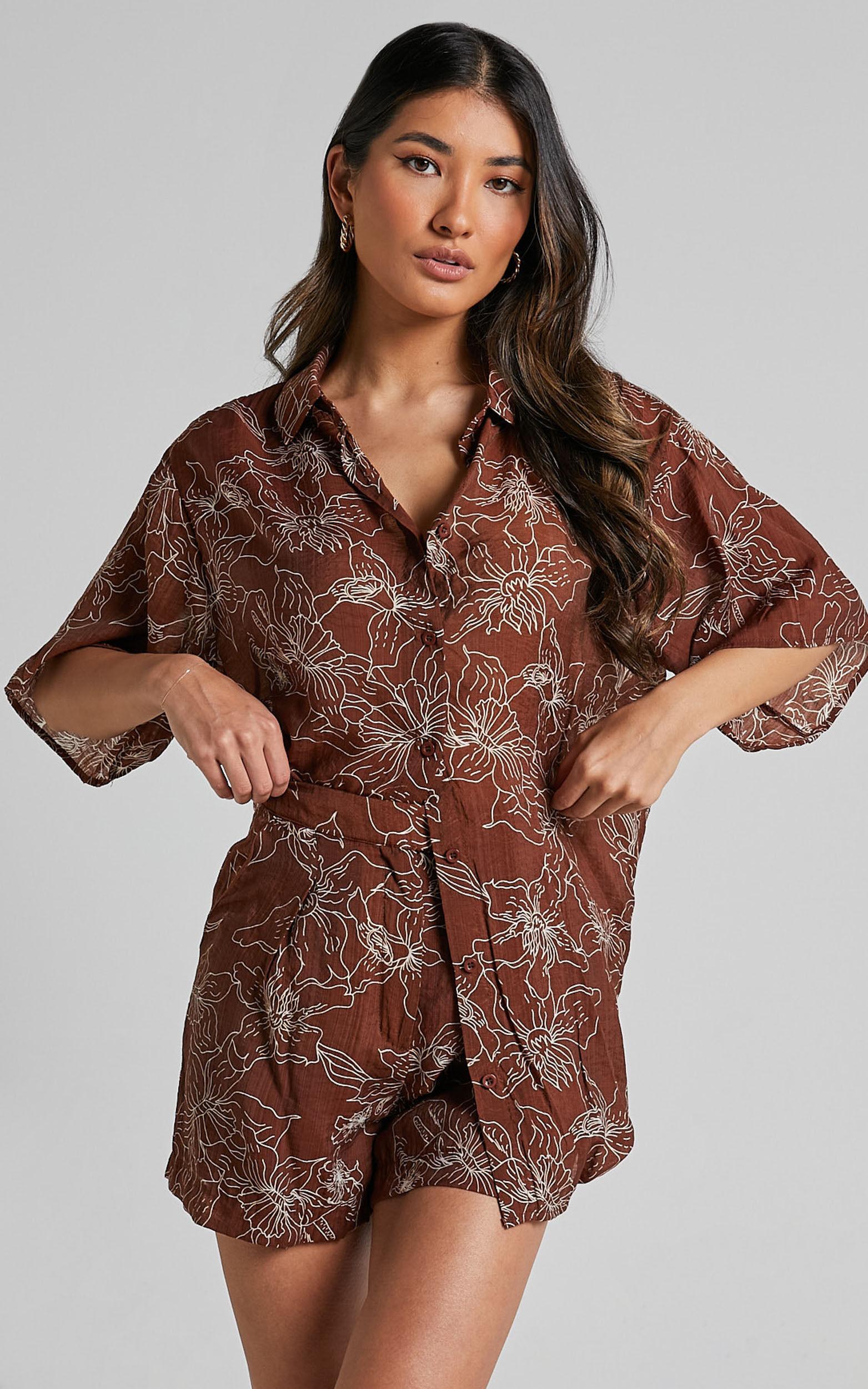 Alofi Top - Collared Button Through Short Sleeve Blouse in Brown Floral Product Image