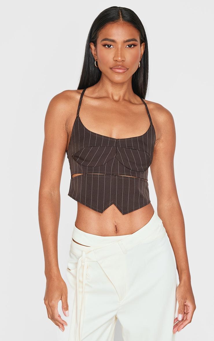  Brown Premium Woven Pinstripe Cross Back Cropped Corset Product Image