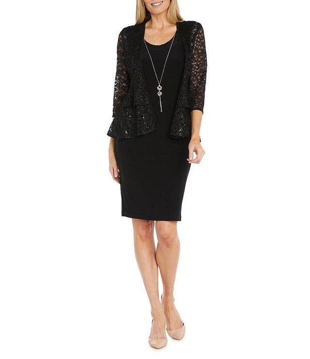 R & M Richards Crew Neck 3/4 Sleeve Embroidered Sequin 2-Piece Jacket Dress Product Image