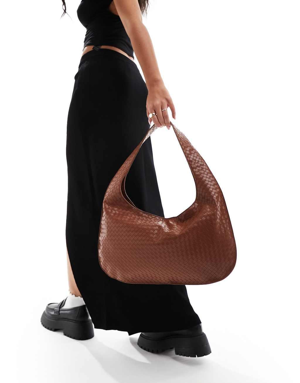 Glamorous woven shoulder tote bag in brown Product Image