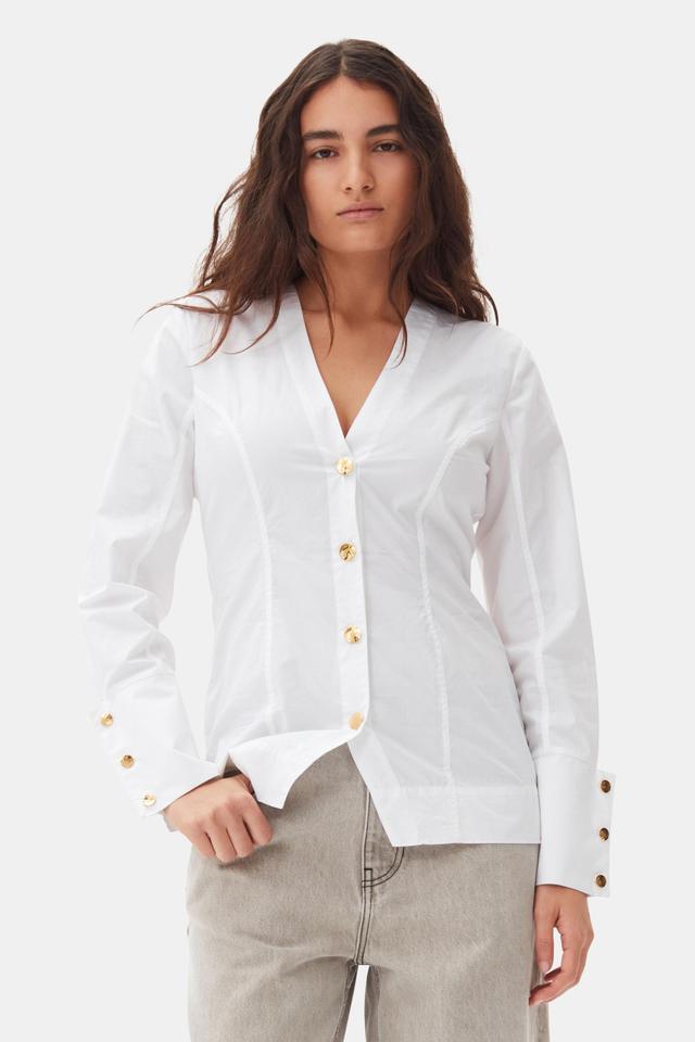 White Cotton Poplin V-neck Shirt Product Image