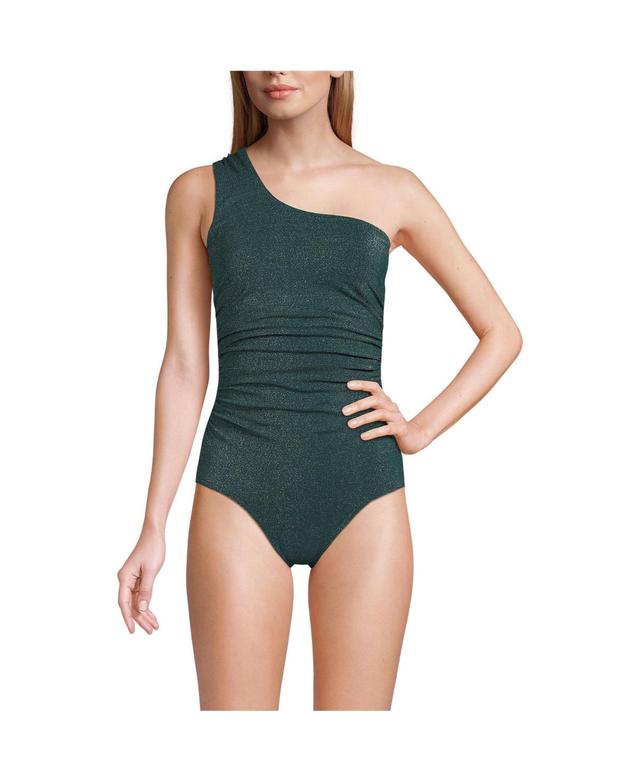 Women's Chlorine Resistant Shine Shirred One Shoulder High Leg One Piece Swimsuit Product Image