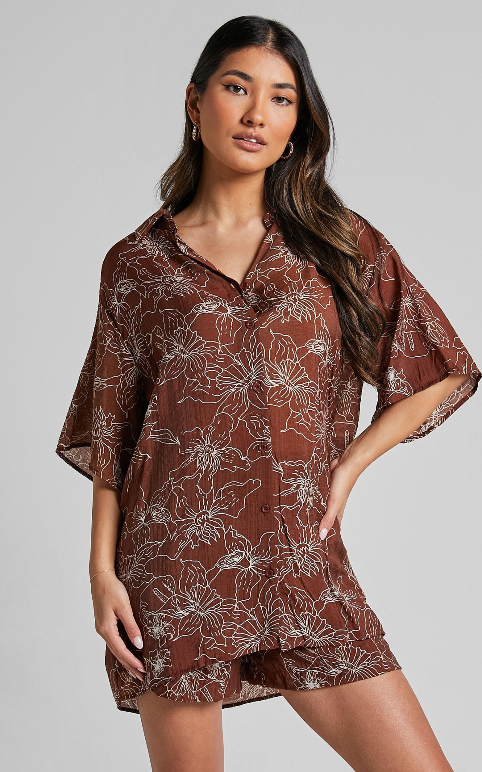 Alofi Top - Collared Button Through Short Sleeve Blouse in Brown Floral Product Image