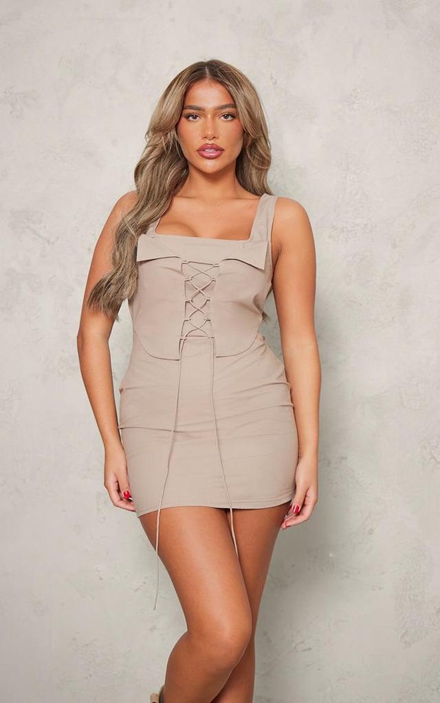 Mocha Linen Look Corset Detail Square Neck Mini Dress Product Image