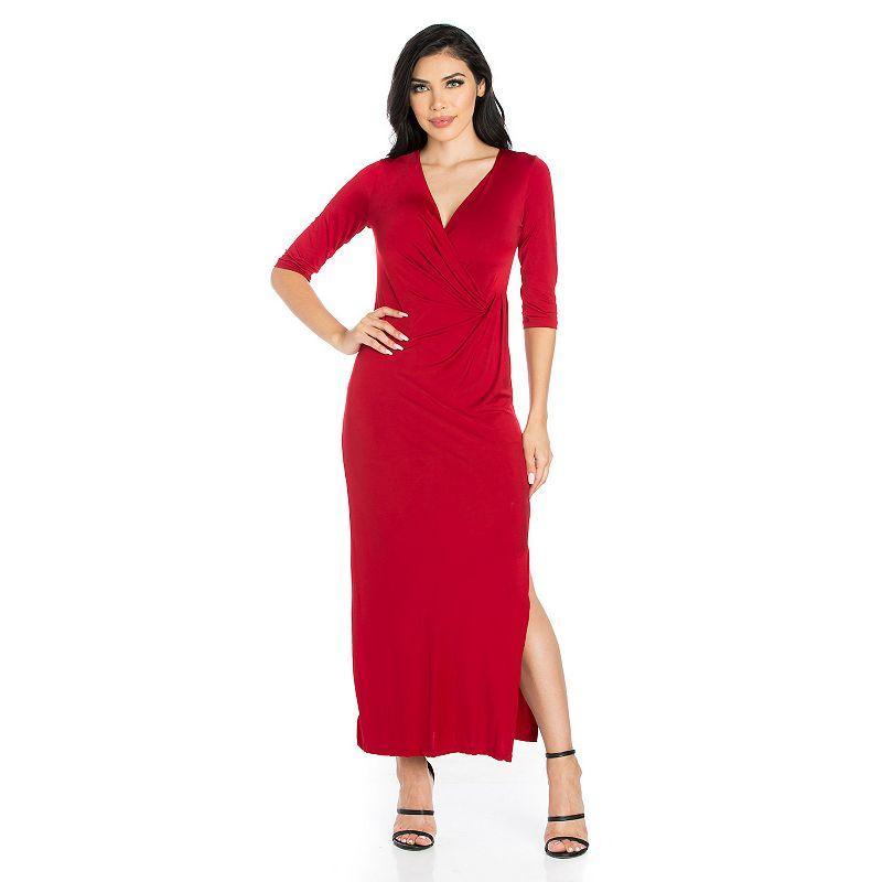 Womens 24seven Comfort Apparel Fitted V-Neck Side Slit Maxi Dress Red Product Image