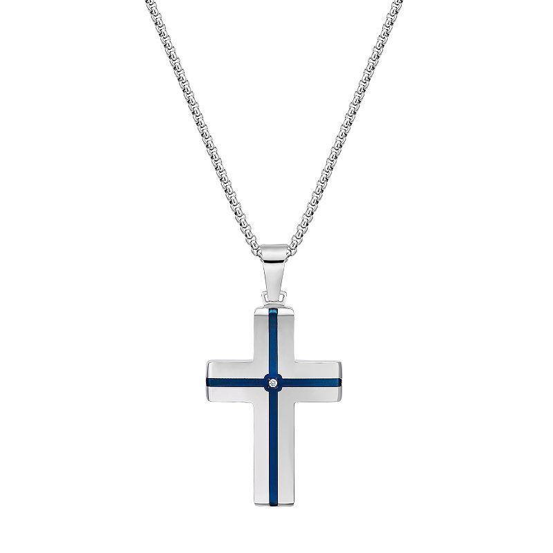 Mens Lynx Stainless Steel Blue IP & Cubic Zirconia Cross Pendant Product Image