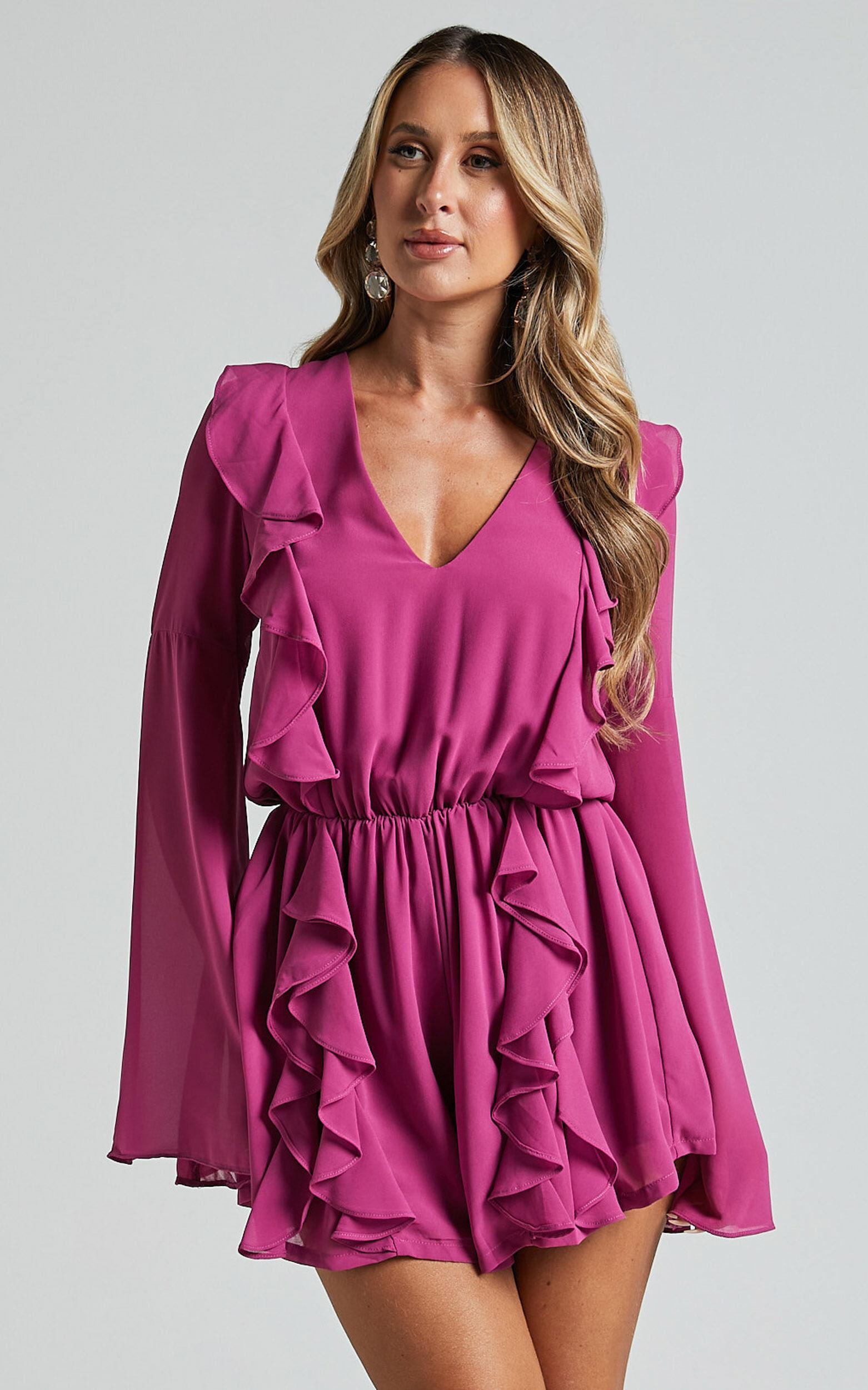 Zella Playsuit - Plunge Ruffle Detail Long Sleeve in Grape Product Image