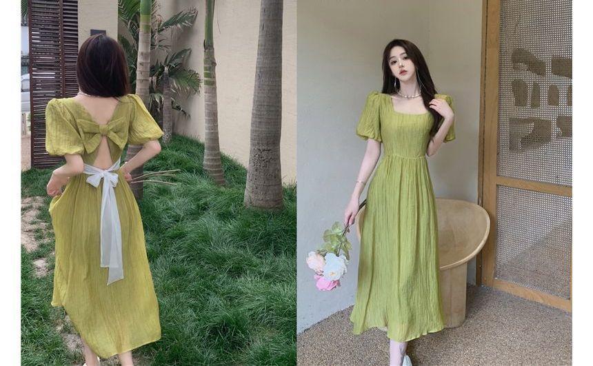 Short-Sleeve Ribbon Back Plain Midi A-Line Dress Product Image