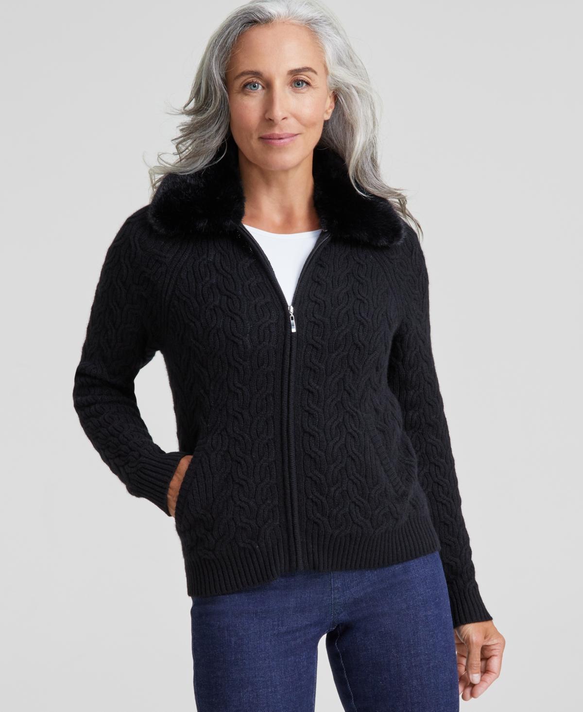 Charter Club Womens Cashmere Faux-Fur-Collar Cable-Knit Jacket, Created for Macys Product Image