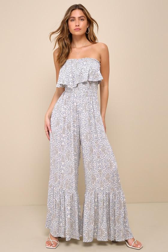 Effortless Moment Ivory Print Strapless Smocked Ruffled Jumpsuit Product Image