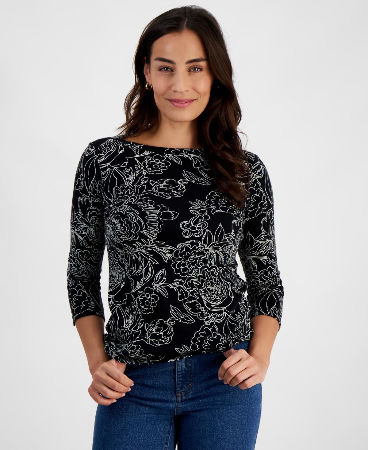 Style & Co Womens Pima Cotton Printed 3/4-Sleeve Top, Created for Macys Product Image