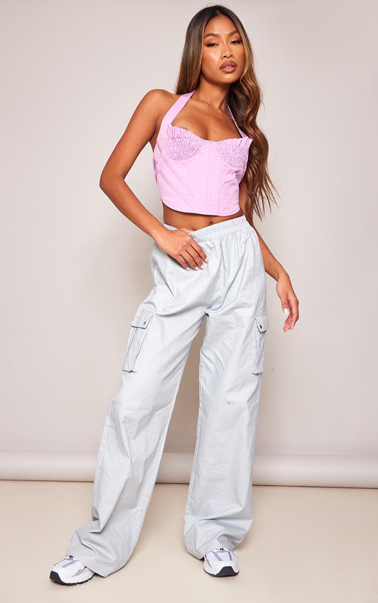  Lilac Woven Ruched Bust Boned Halter Neck Crop Top Product Image