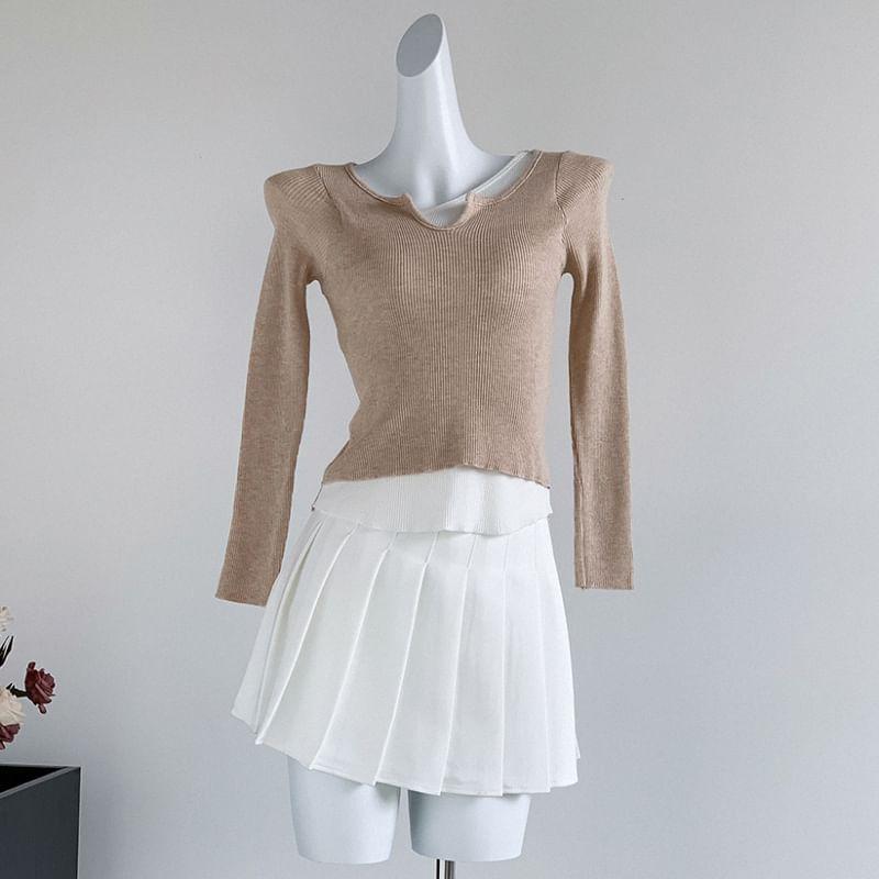 Long Sleeve Asymmetrical Neck Mock Two Piece Knit Top Product Image