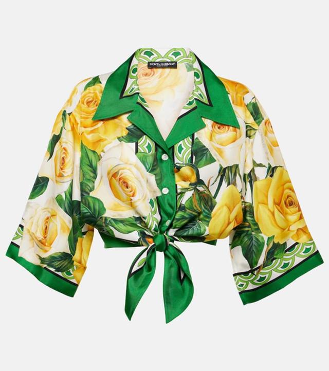 Rose-print Cropped Silk Shirt In Multicolor Product Image