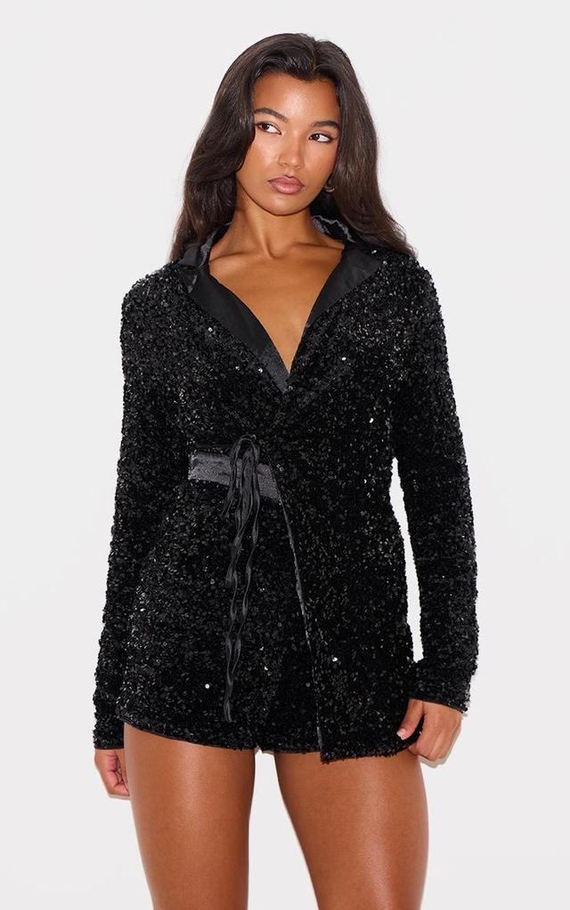 Black Collar Detail Sequin Romper Product Image