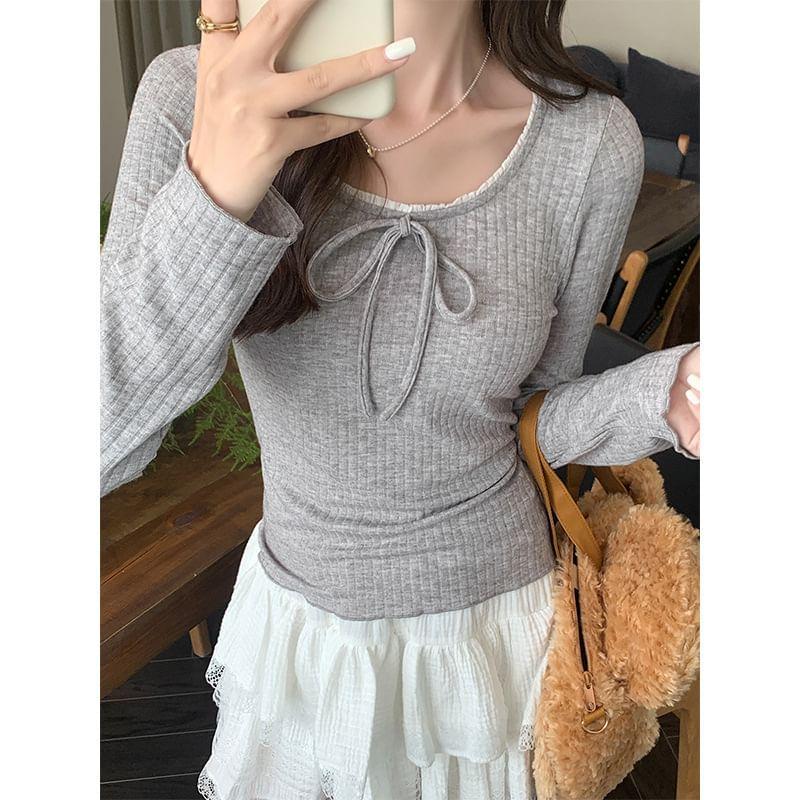 Long-Sleeve Round Neck Plain Bow Accent Frill Trim Slim Fit T-Shirt Product Image