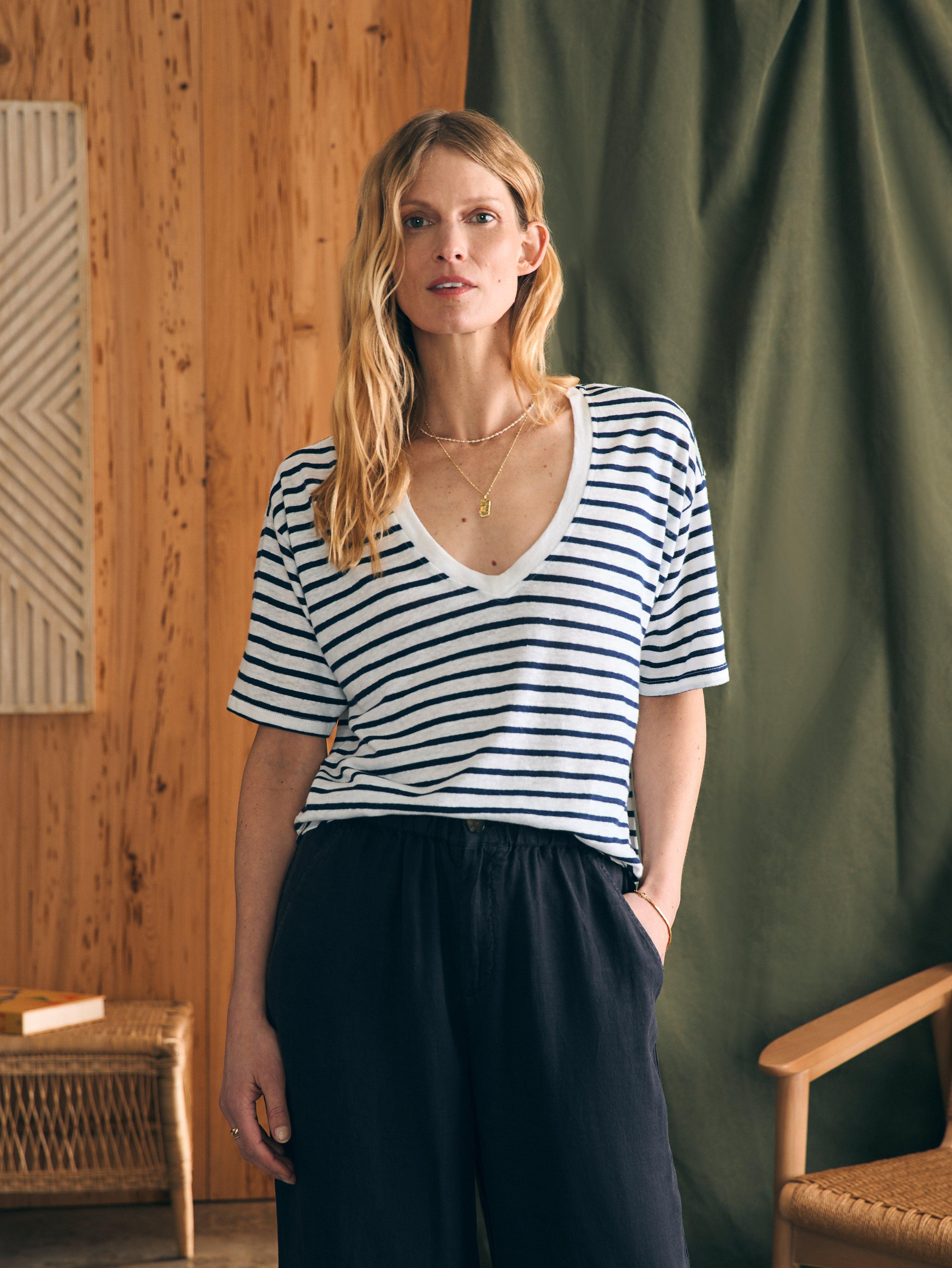 Oceanside Linen V-Neck Tee - Ahoy Stripe Female Product Image