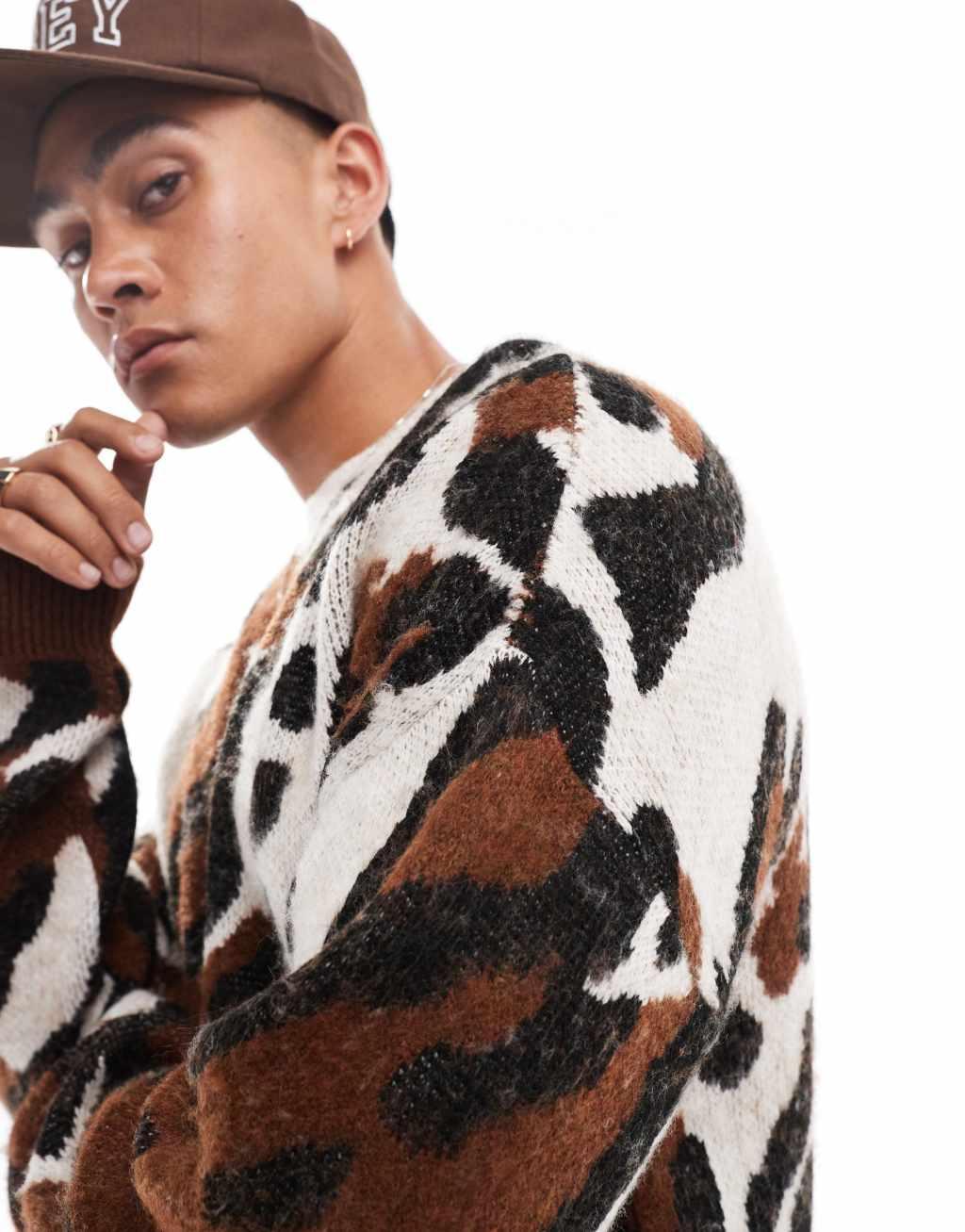 ASOS DESIGN relaxed knit brushed sweater in leopard print Product Image