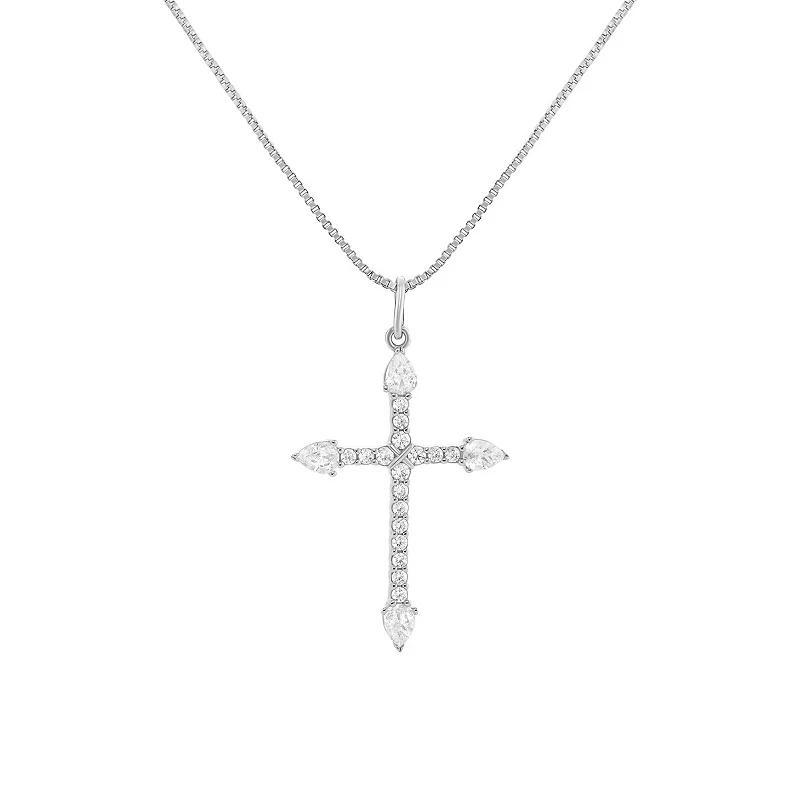 PRIMROSE 18k Gold Flash Plated Pave Cubic Zirconia Cross Pendant Necklace, Womens Silver Tone White Product Image