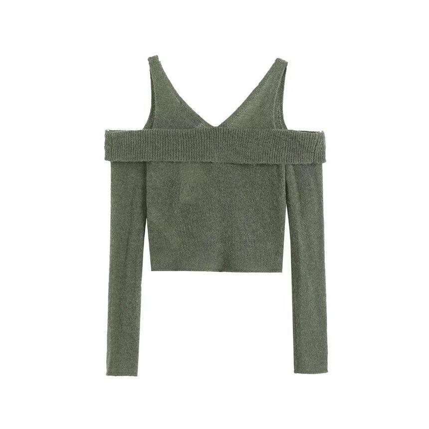 Long-Sleeve Cold Shoulder Plain Button-Up Crop Knit Top Product Image