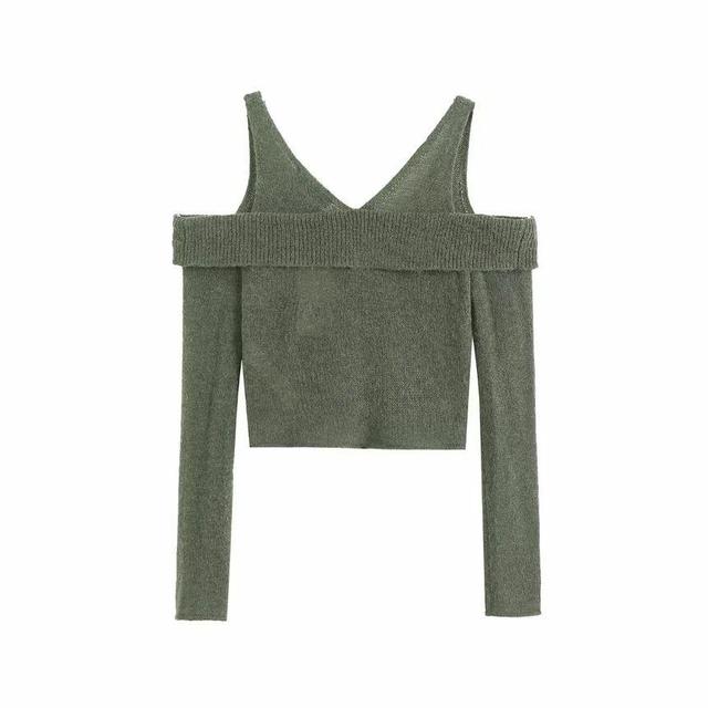 Long-Sleeve Cold Shoulder Plain Button-Up Crop Knit Top Product Image