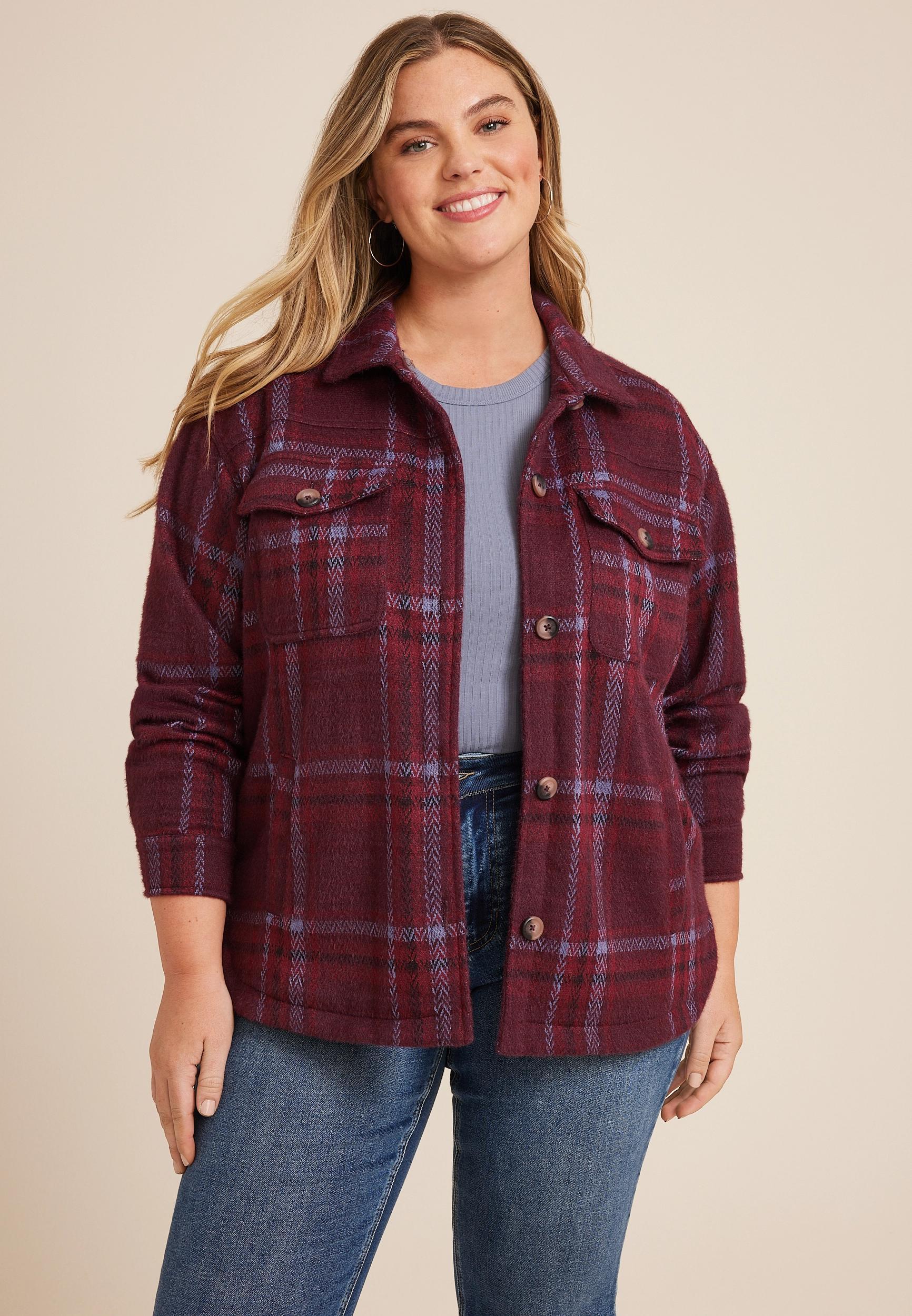 Maurices Plus Size Womens Shoreline Shortsie Plaid Shacket Red Size 2X Product Image